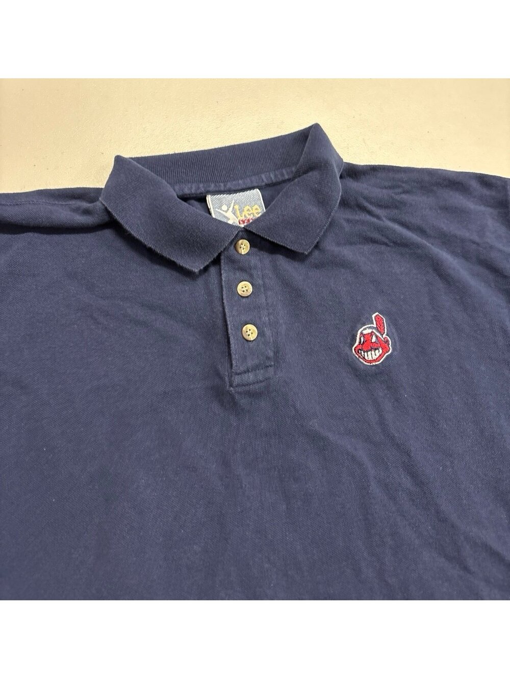 Vintage Cleveland Indians Polo Shirt Mens L Navy Chief Wahoo Lee Sport MLB